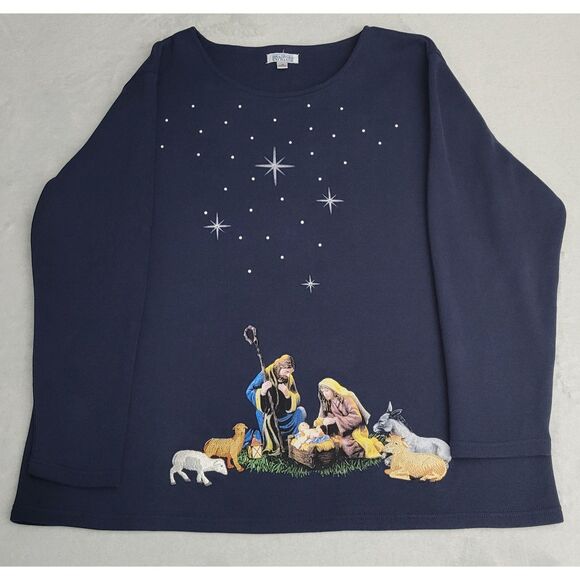 The Bradford Exchange Womens Nativity Christmas Sweater 3X Navy Blue Embroidered - Picture 1 of 9